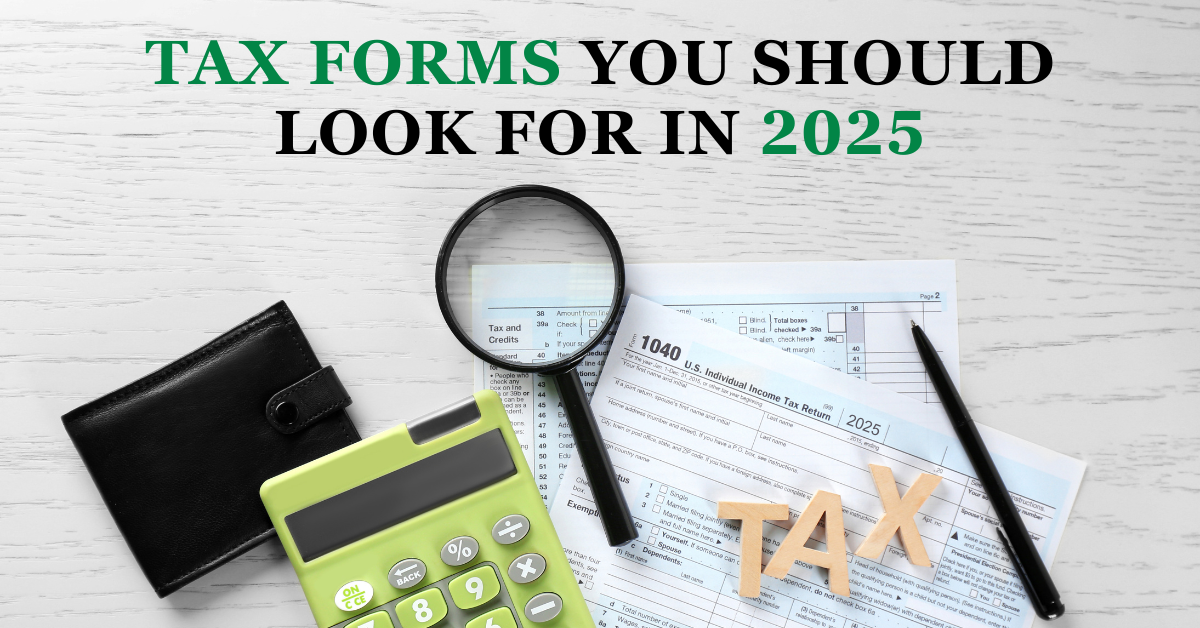 Tax forms for 2025 with a magnifying glass, calculator, pen, wallet, and wooden letters spelling 'TAX' on a desk.