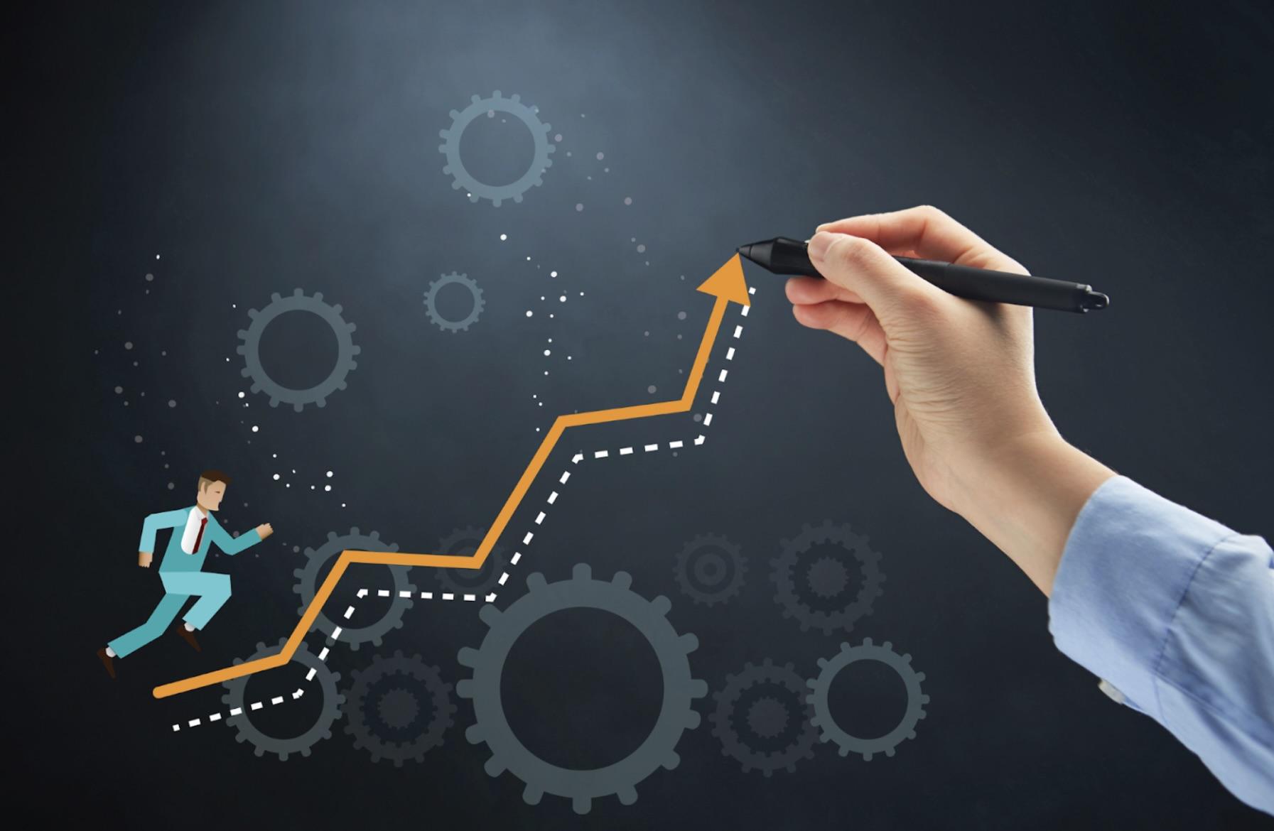Illustration of a hand drawing an upward arrow with gears in the background and a figure climbing, symbolizing how technology is improving tax form management.